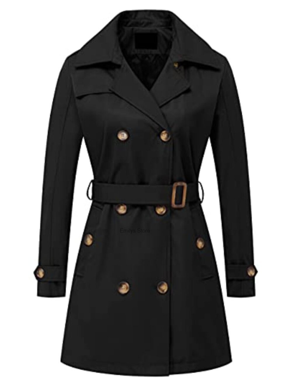 Womens Double Breasted Trench Coat Mid-Length Belted Overcoat Detachable Hood